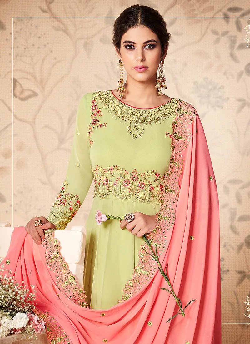 Light Green And Pink Floral Embroidered Anarkali Suit