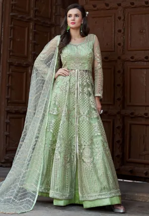 Light Green Embroidered Net Anarkali Lehenga Kurti Set