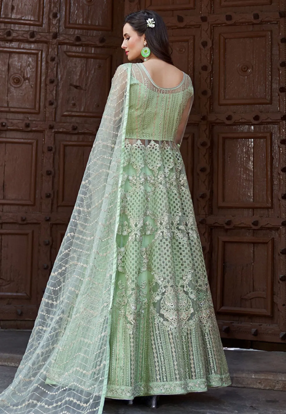 Light Green Embroidered Net Anarkali Lehenga Kurti Set