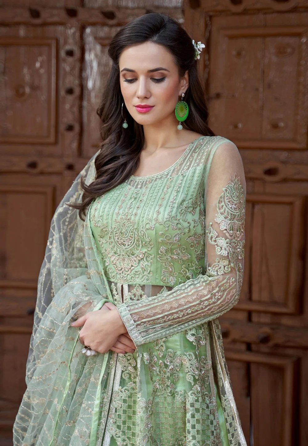 Light Green Embroidered Net Anarkali Lehenga Kurti Set