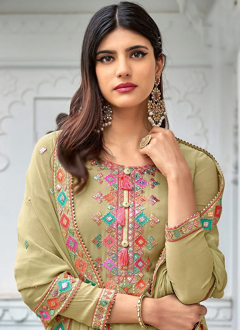 Light Green Multi Embroidered Georgette Palazzo Suit