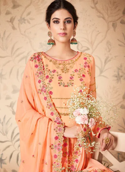 Light Orange Floral Embroidered Anarkali Suit