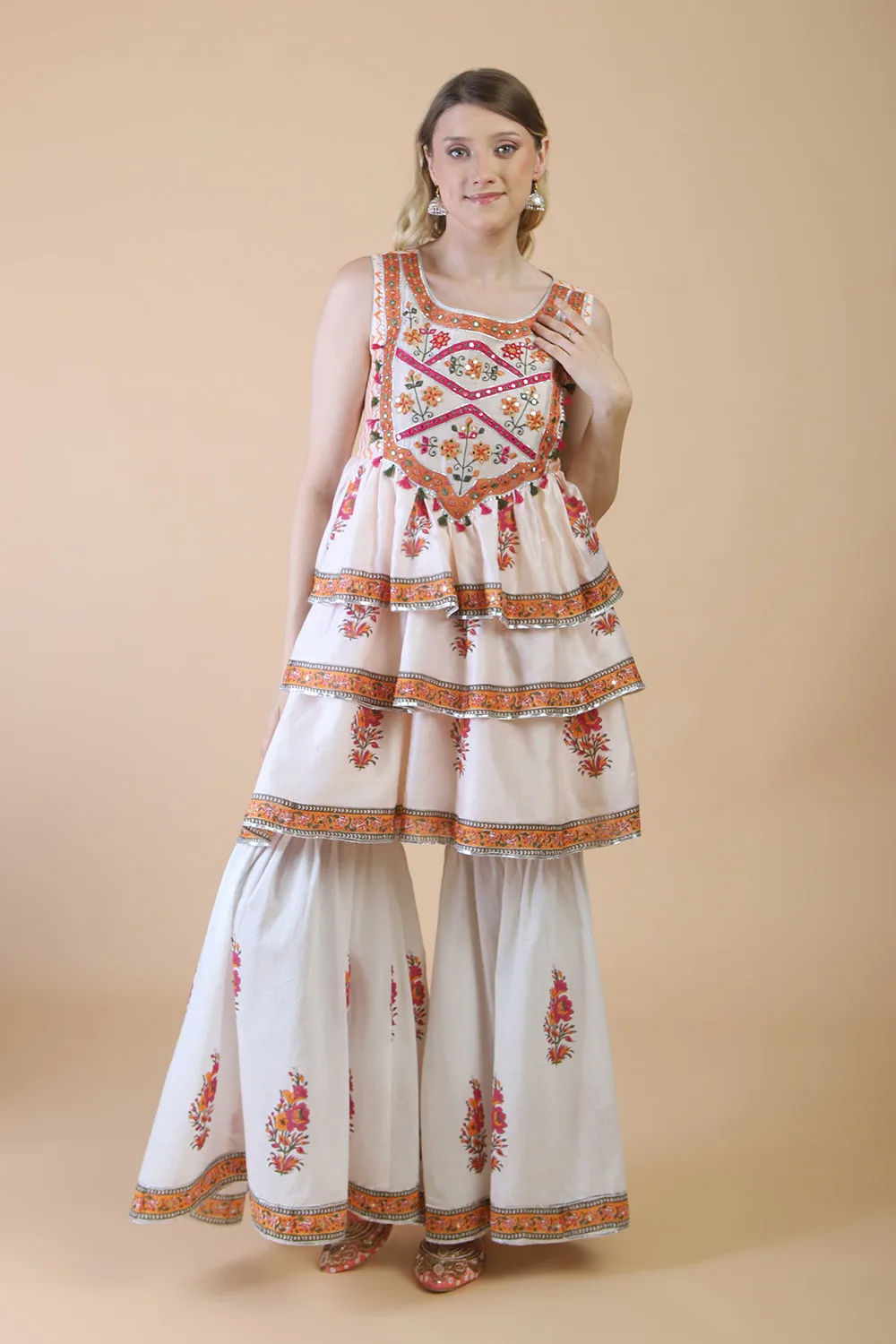 Light pink block print with embroidered sharara kurta set