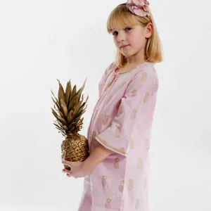 Light Pink Gold Pineapple Block Print Cotton Coverup