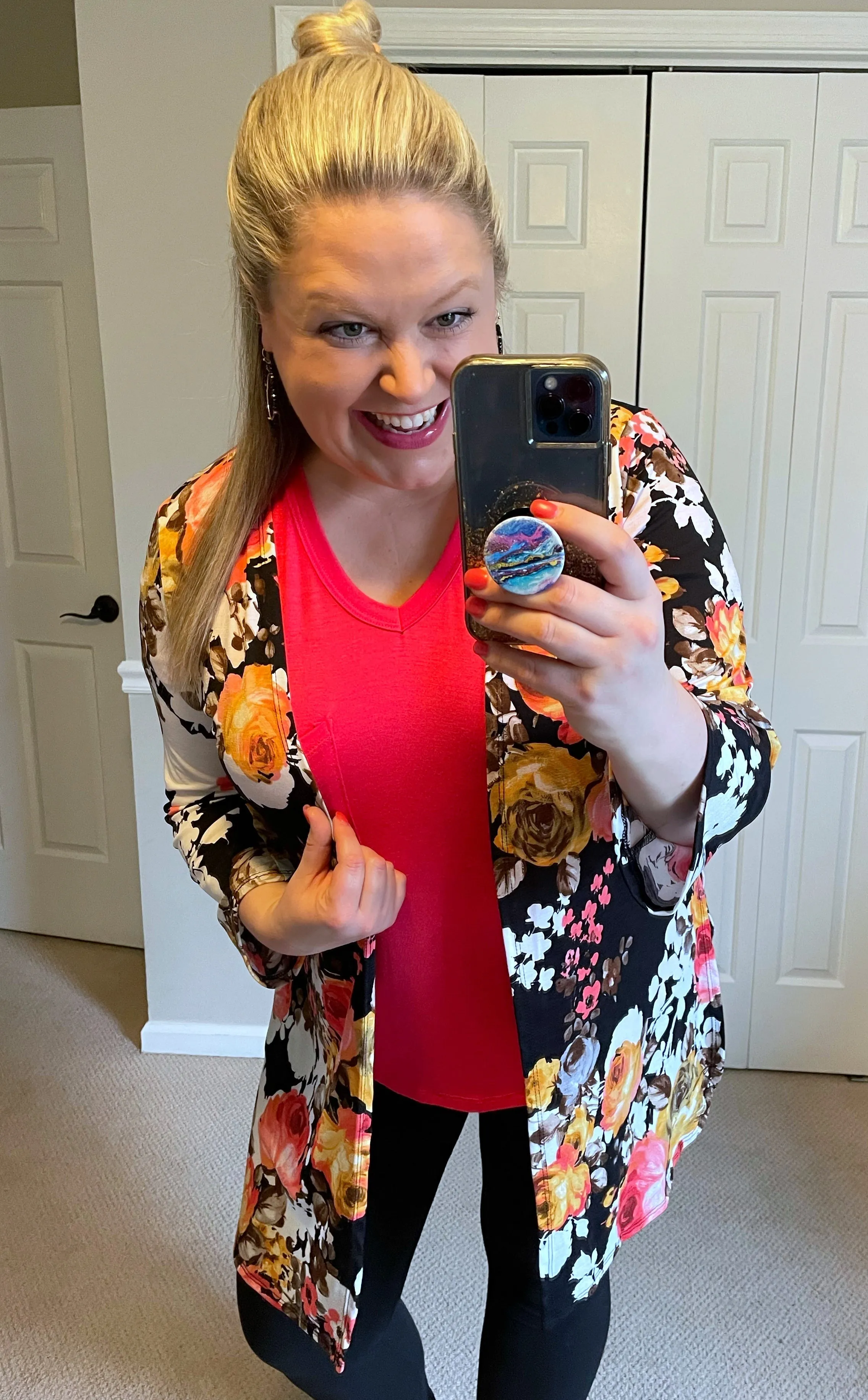 Lightweight Floral Cardigan with Side Slits in Black