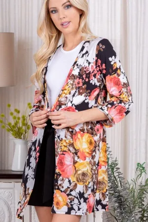 Lightweight Floral Cardigan with Side Slits in Black