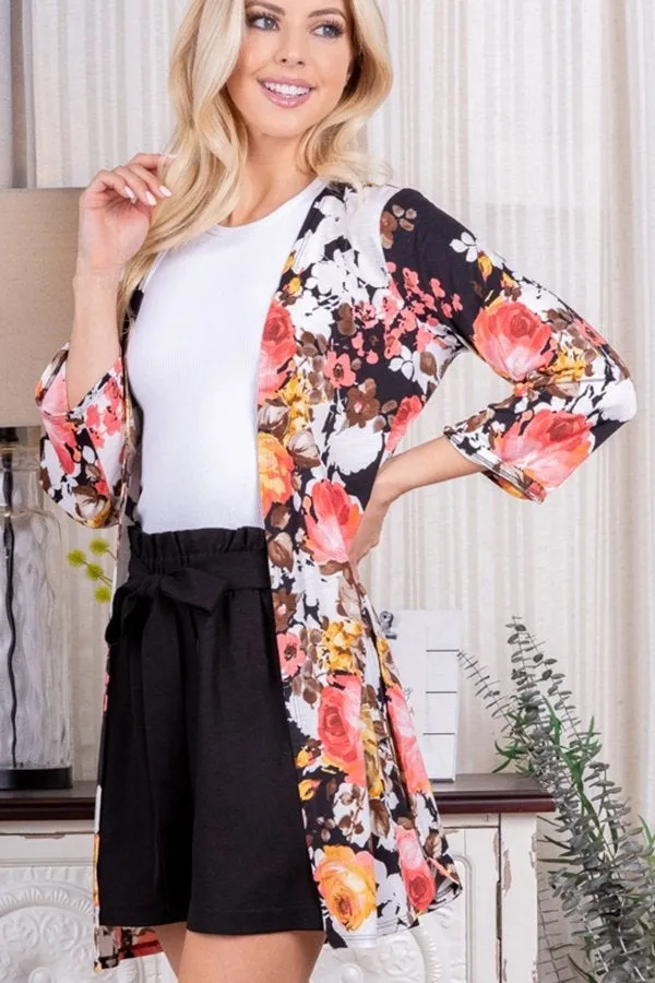 Lightweight Floral Cardigan with Side Slits in Black