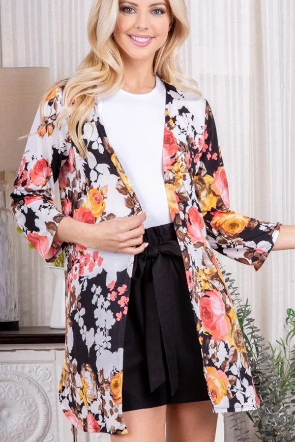 Lightweight Floral Cardigan with Side Slits in Black