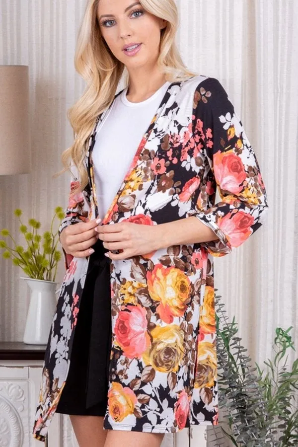 Lightweight Floral Cardigan with Side Slits in Black