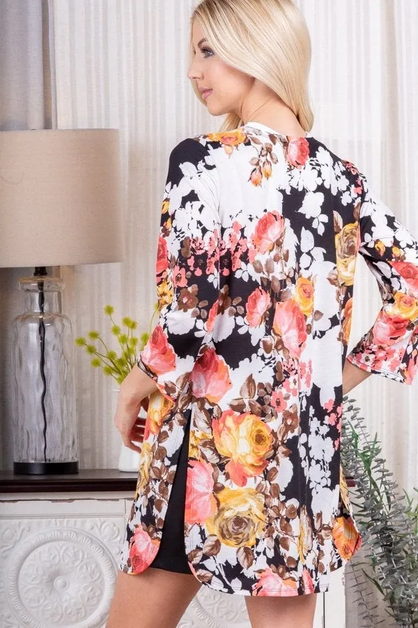 Lightweight Floral Cardigan with Side Slits in Black