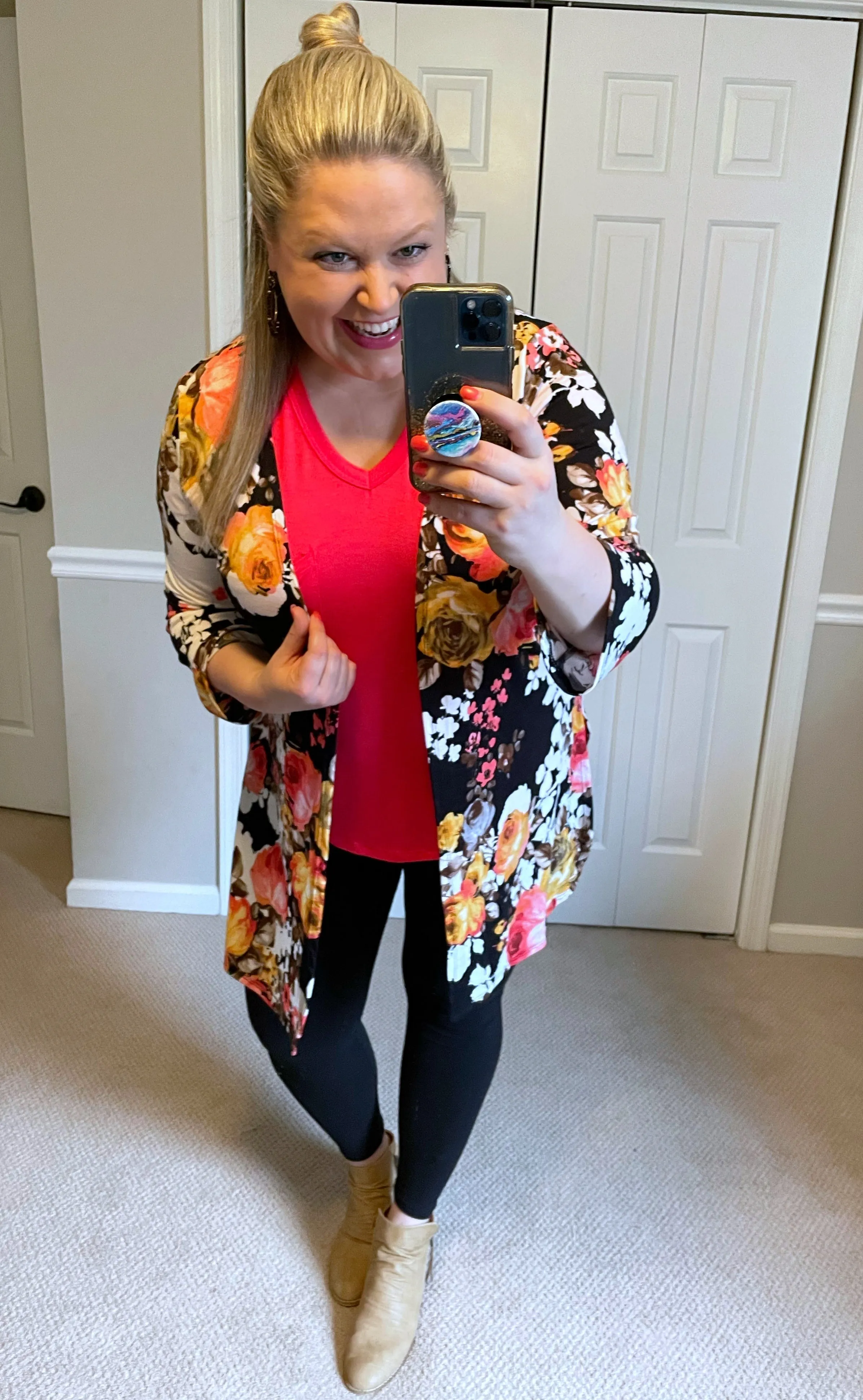 Lightweight Floral Cardigan with Side Slits in Black