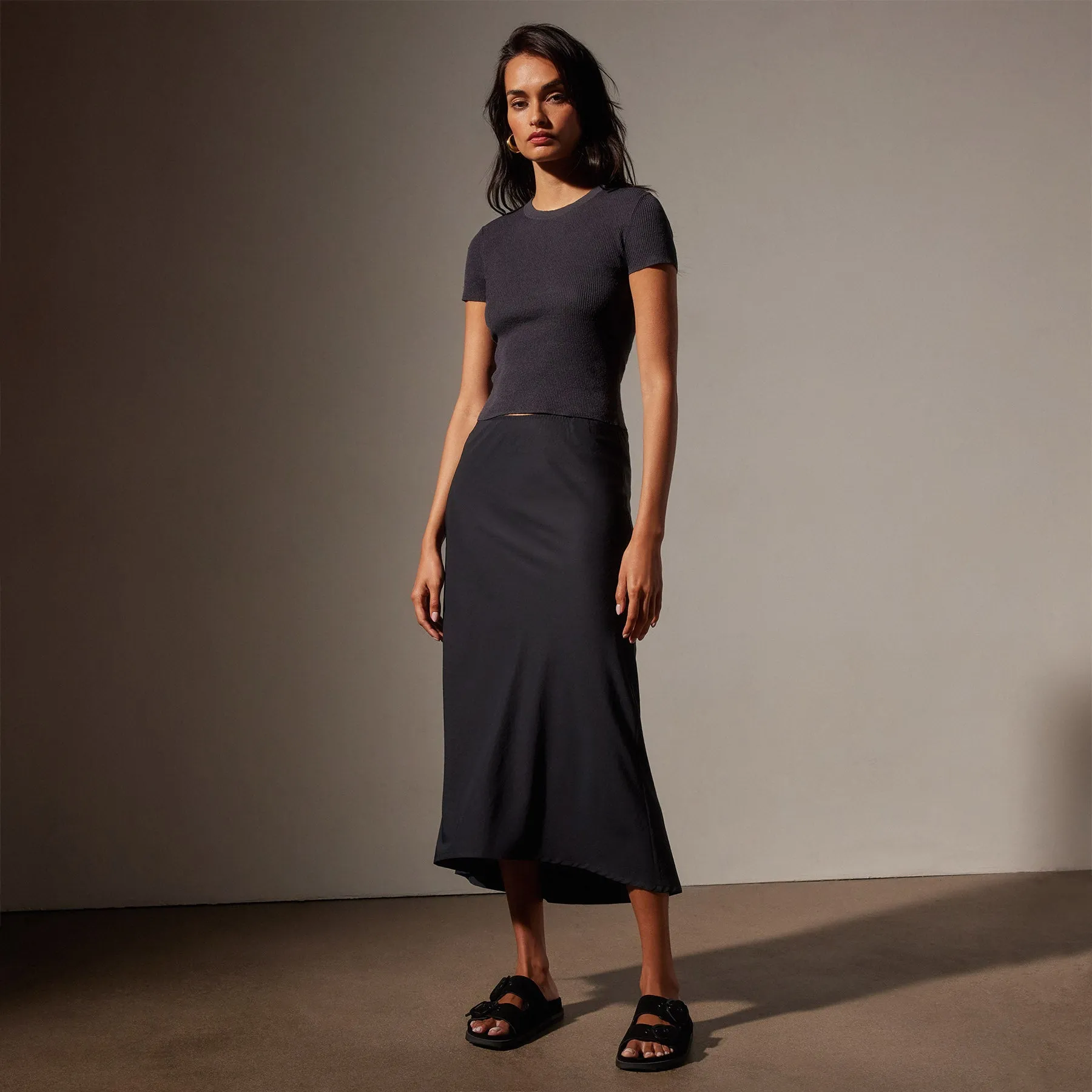 Lightweight Matte Sateen Bias Cut Skirt - Black