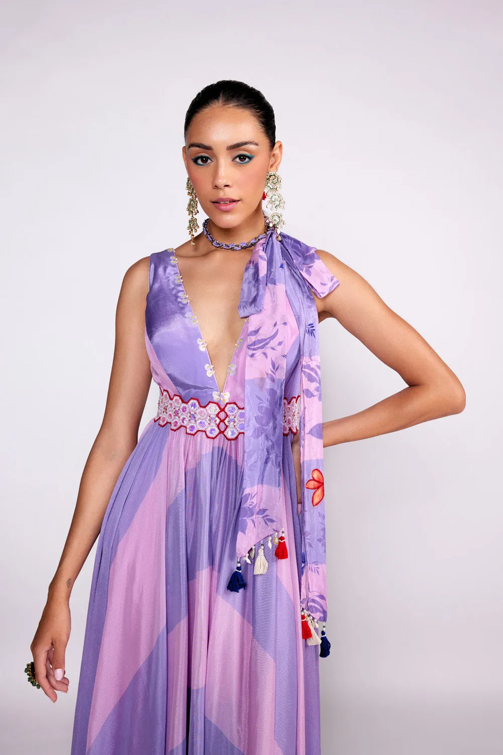 Lilac Color Block Anarkali Gown