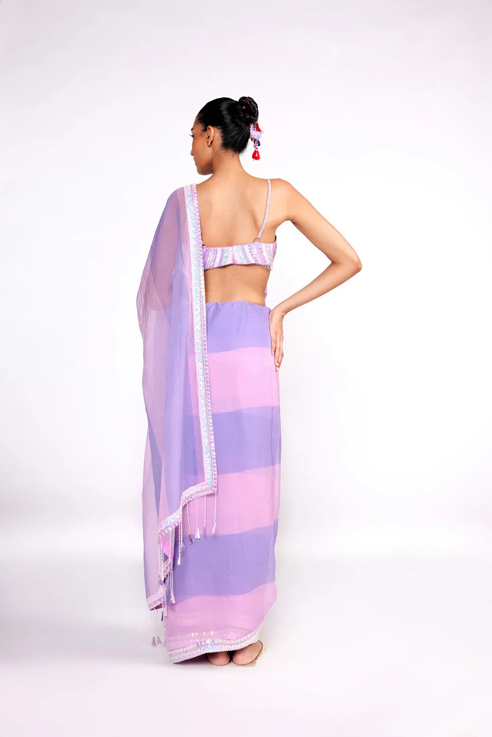 Lilac Color Block Embroidered Organza Saree Set
