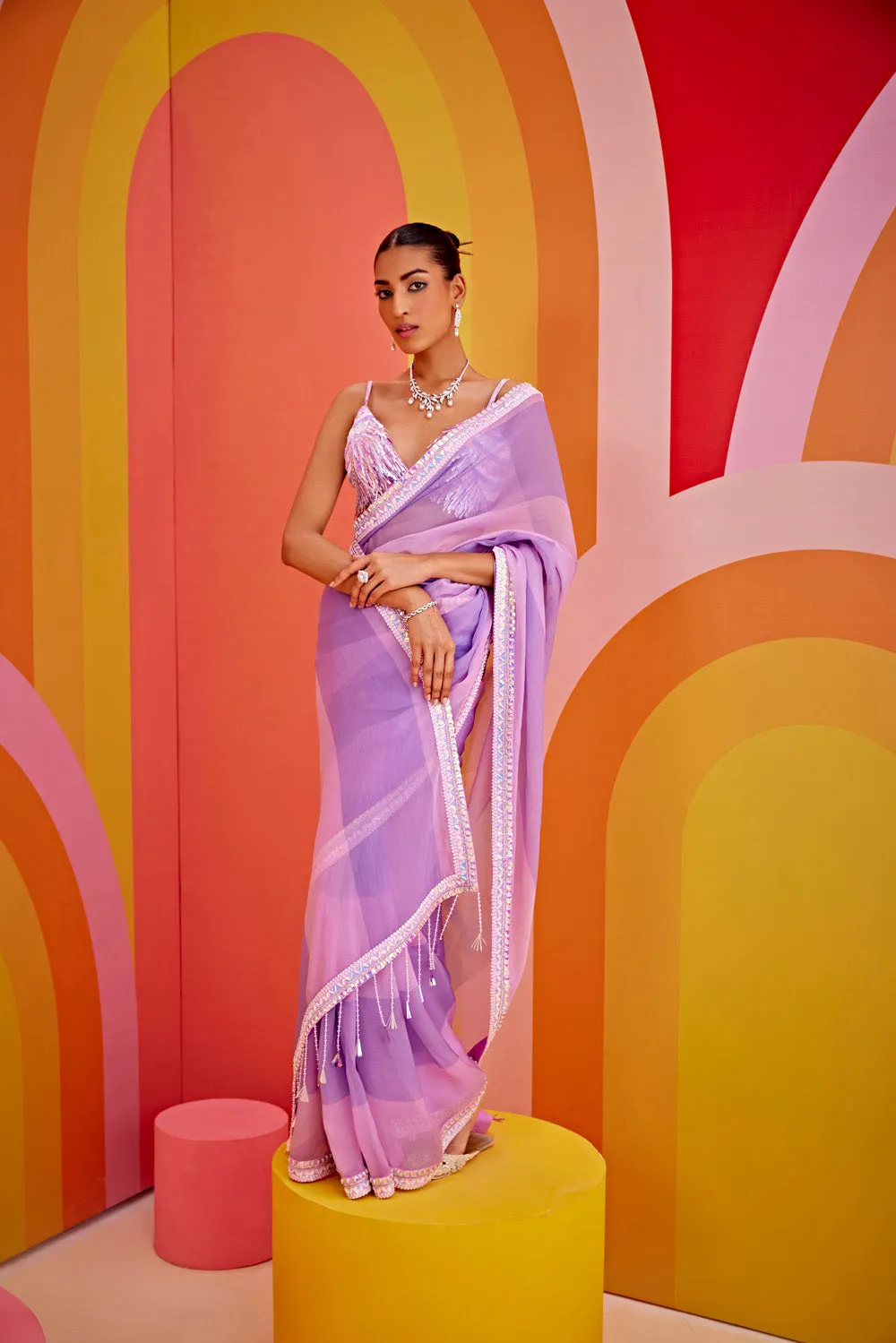 Lilac Color Block Embroidered Organza Saree Set