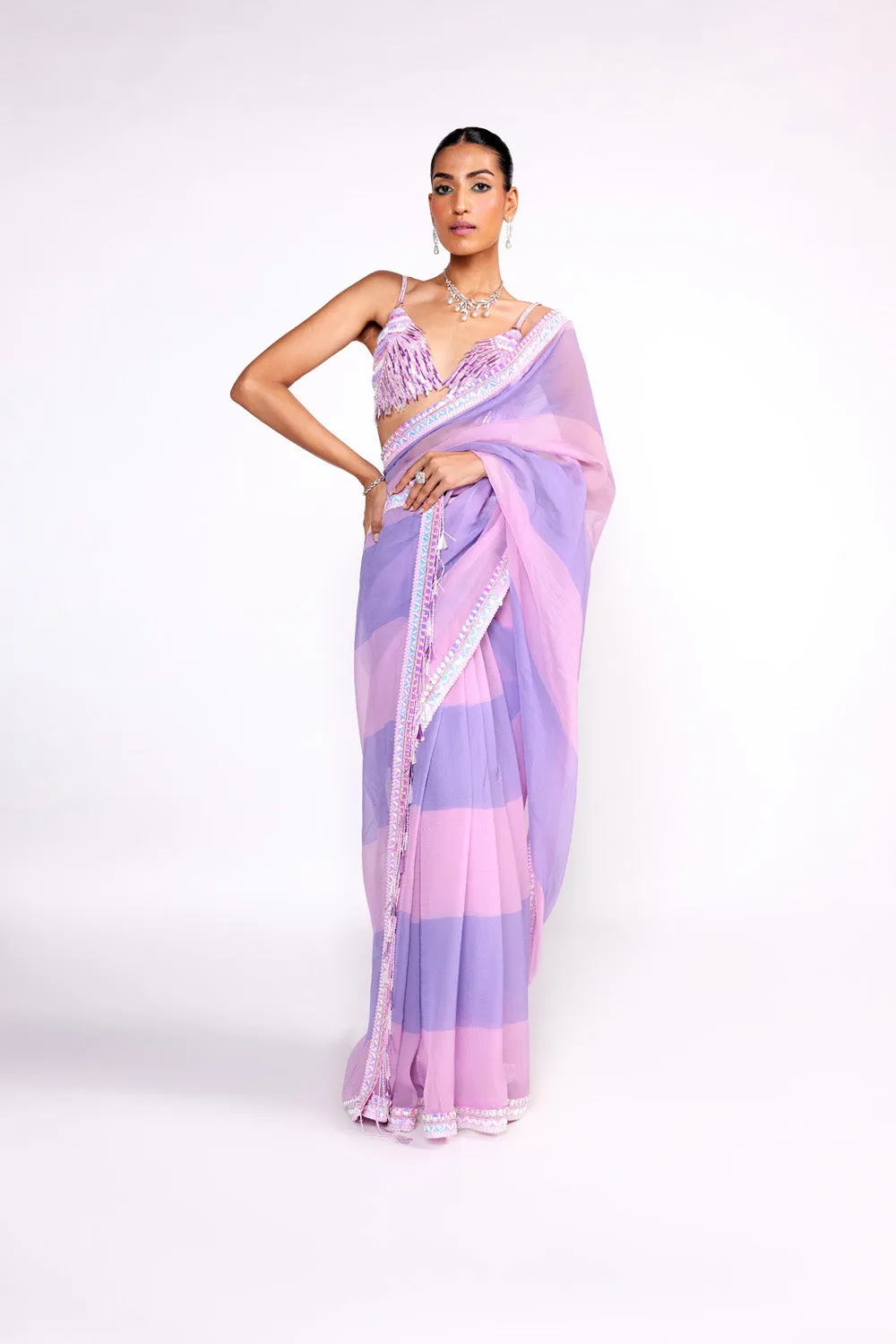 Lilac Color Block Embroidered Organza Saree Set