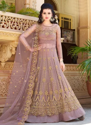 Lilac Purple Golden Embroidered Anarkali Lehenga Suit