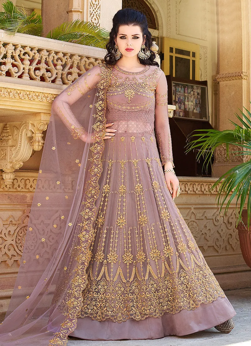 Lilac Purple Golden Embroidered Anarkali Lehenga Suit