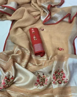 Linen Embroidred Saree In Light Brown