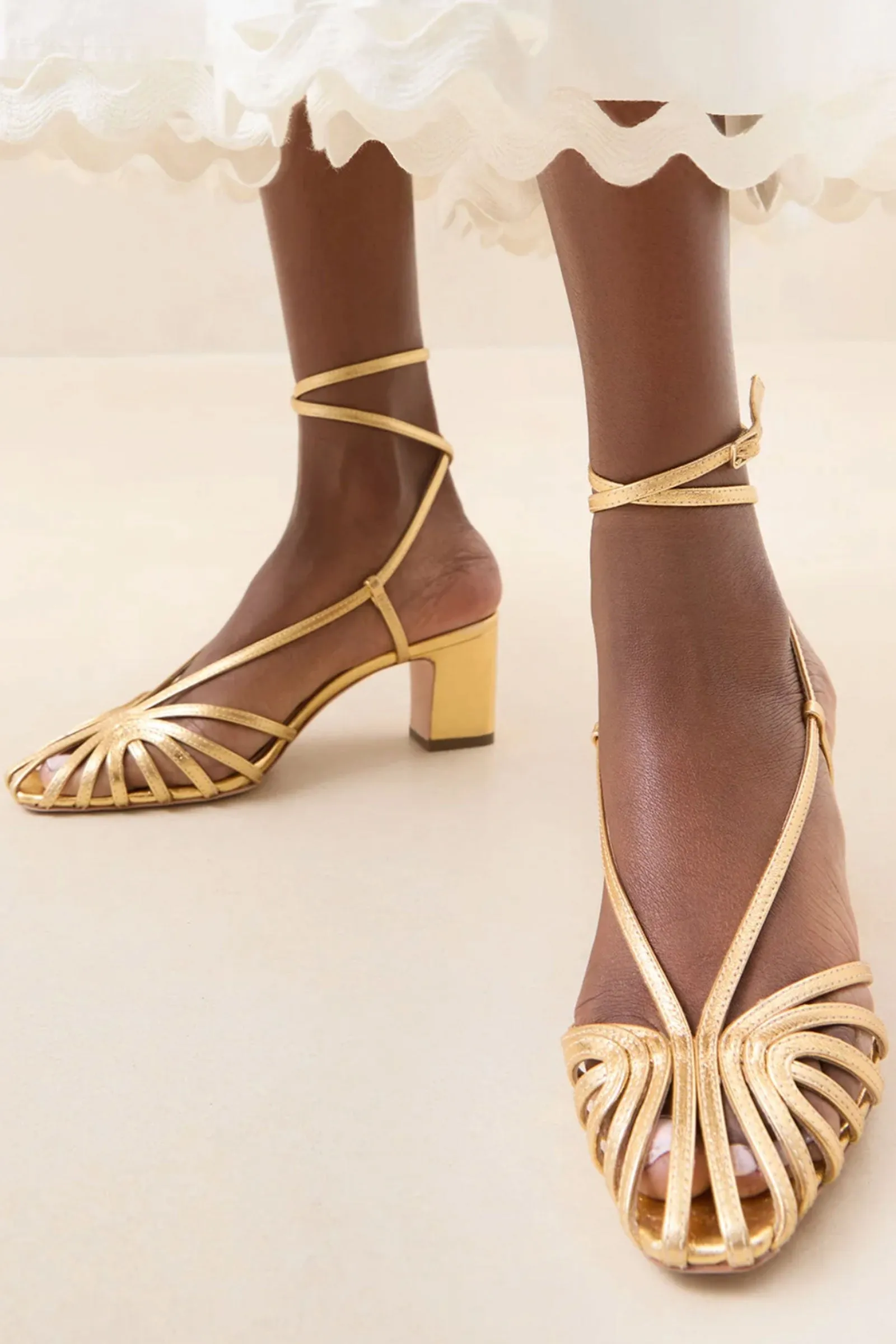 Loeffler Randall Livvy Lattice Mid Heel Sandal in Gold
