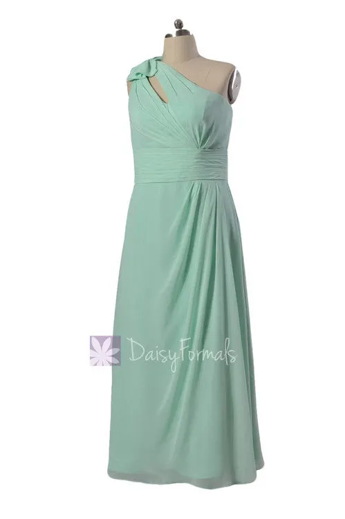 Long Plus Size One-Shoulder Bridal Party Dress Mint Chiffon Formal Dress w/ Keyhole Bodice(BM918)