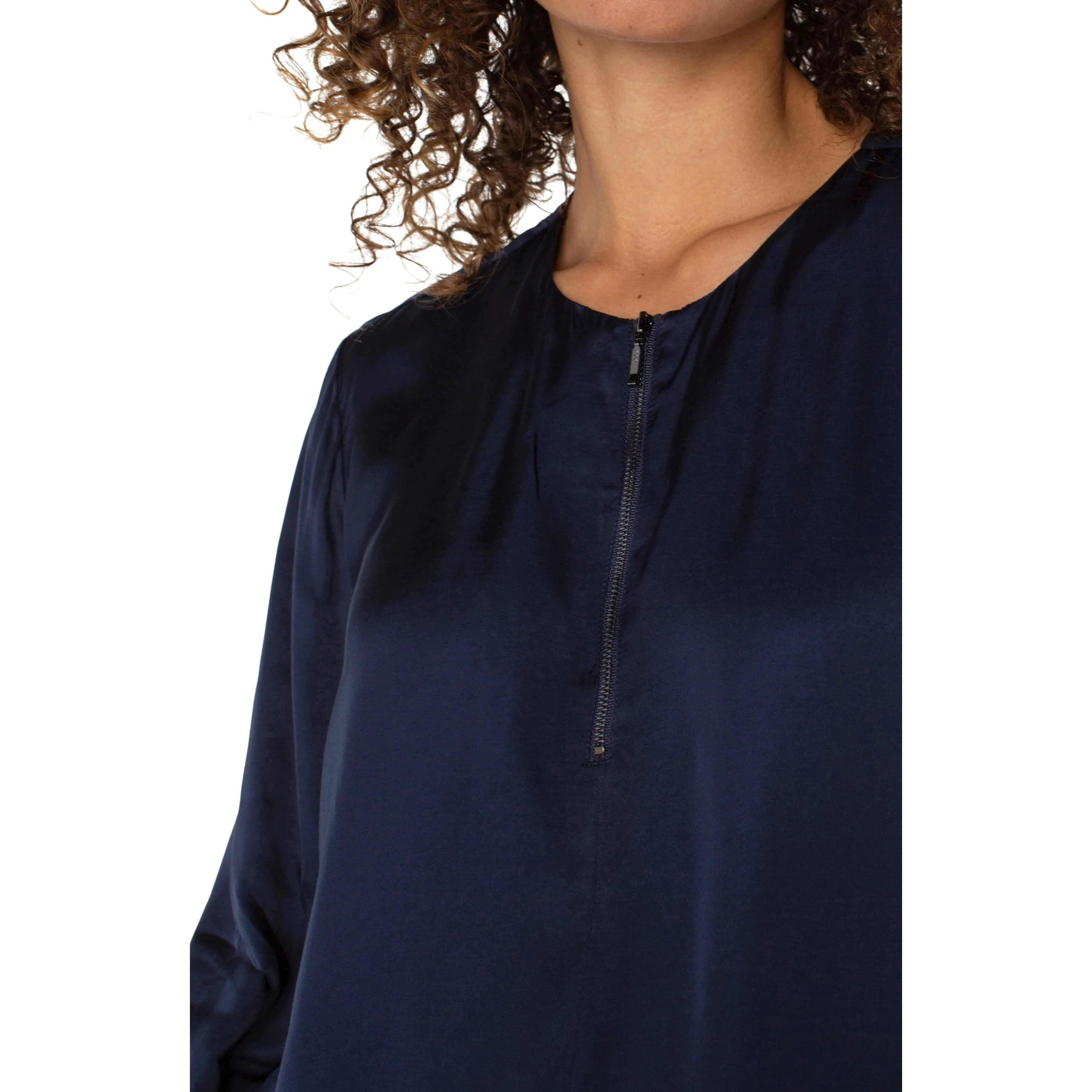 Long Sleeve Zip Front Woven Blouse