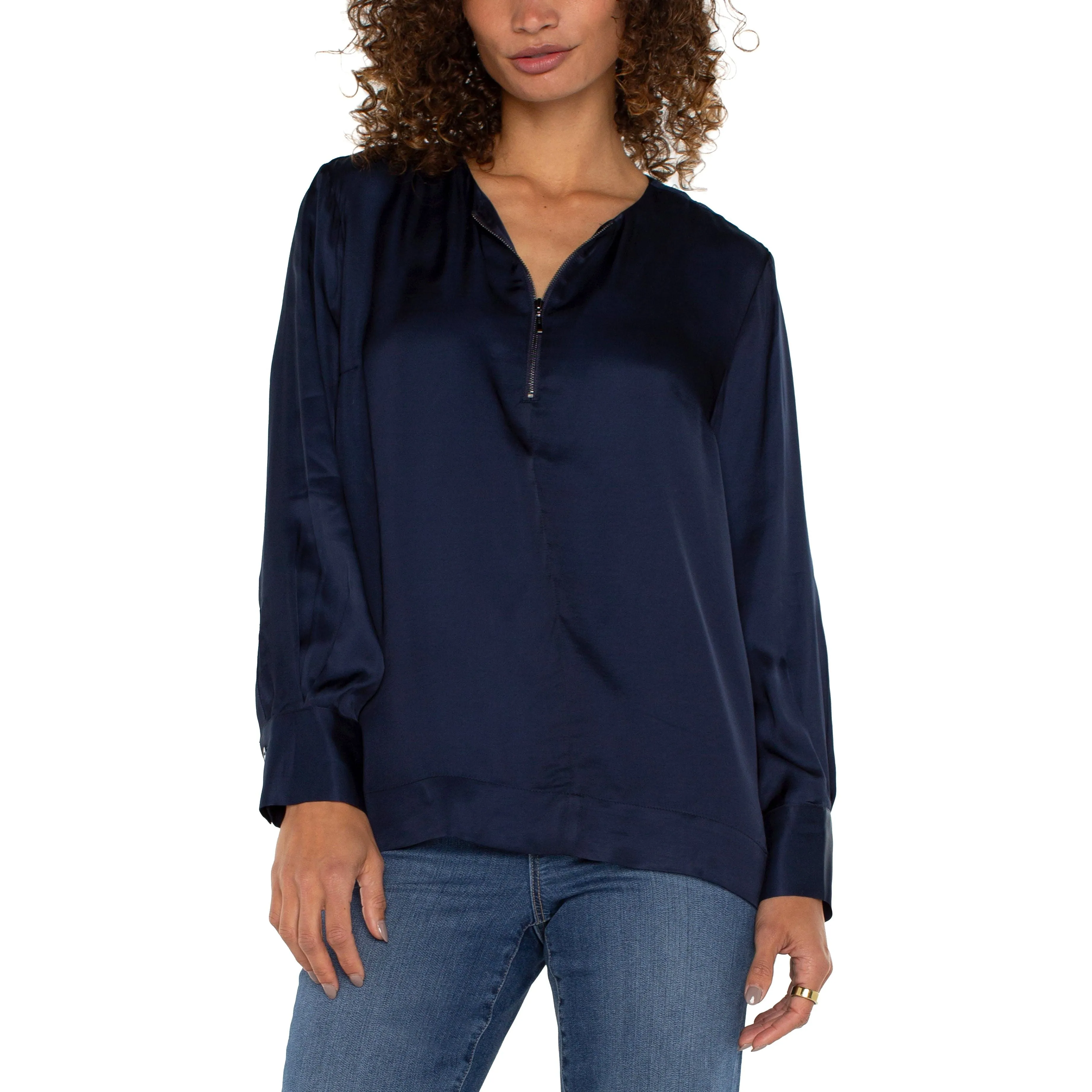 Long Sleeve Zip Front Woven Blouse