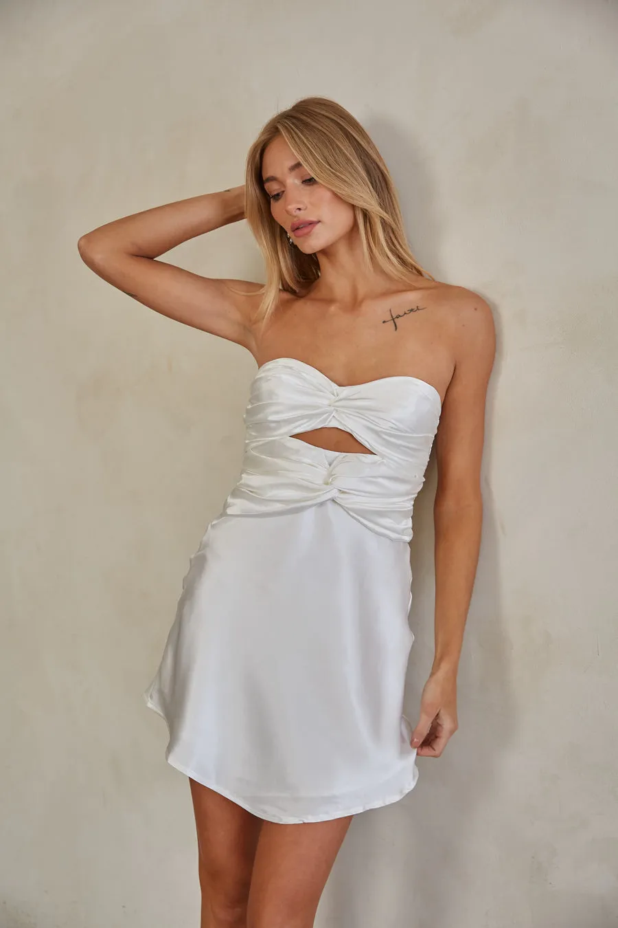 Lorelai Strapless Double Twist Tie Back Mini Dress