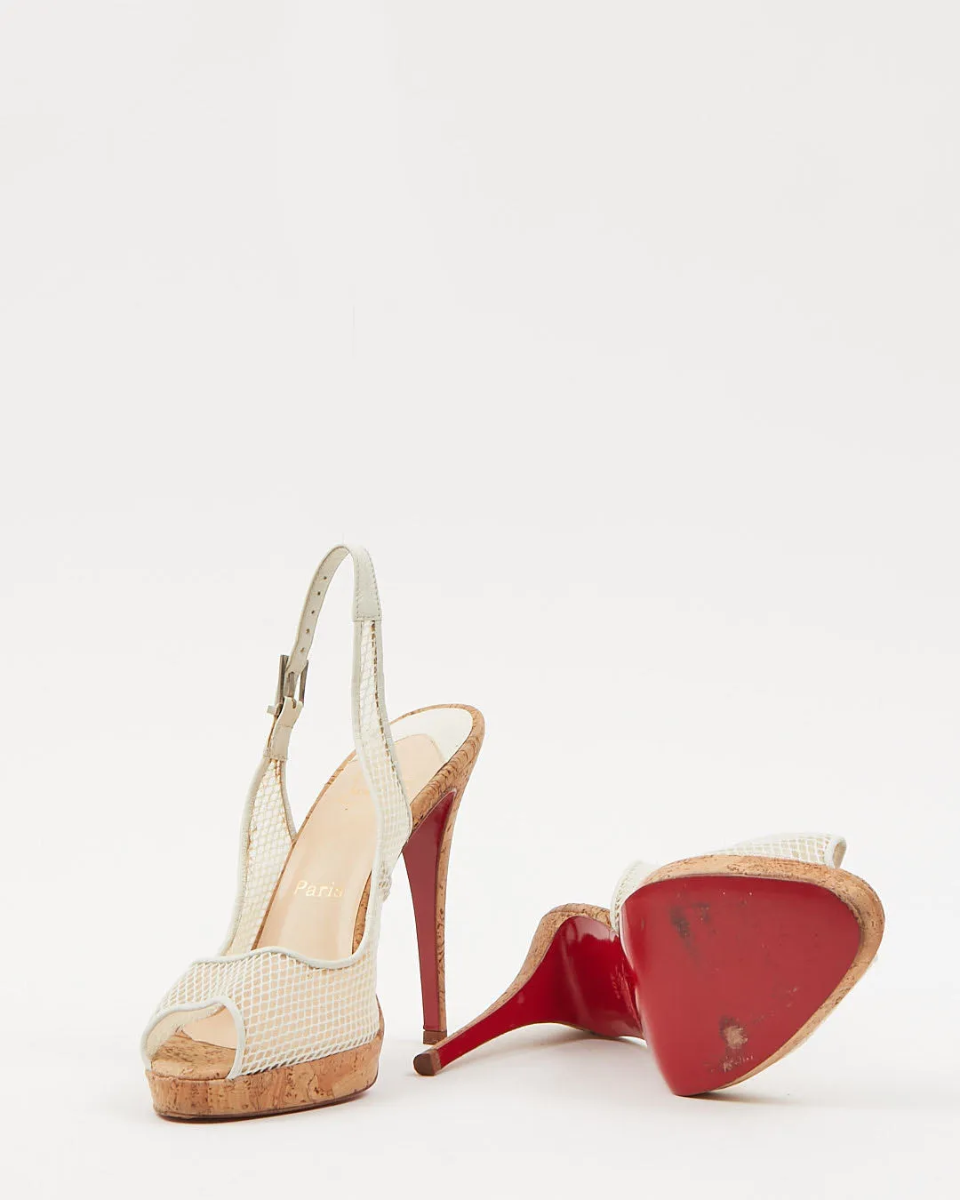 Louboutin White Mesh & Cork Peep Toe Heels - 40.5