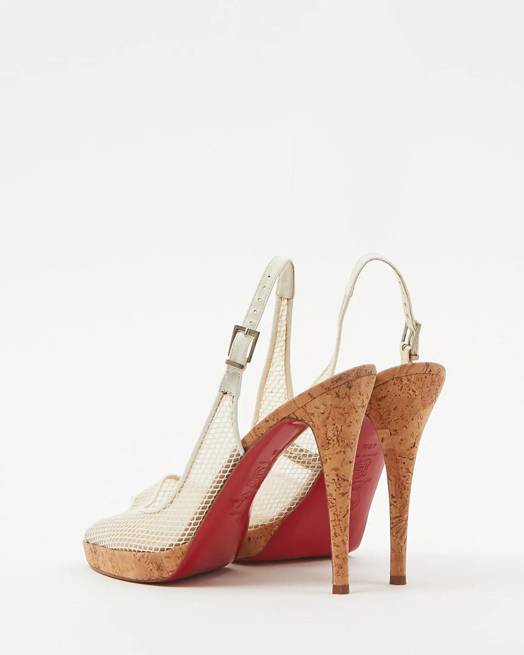 Louboutin White Mesh & Cork Peep Toe Heels - 40.5