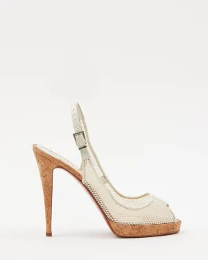 Louboutin White Mesh & Cork Peep Toe Heels - 40.5