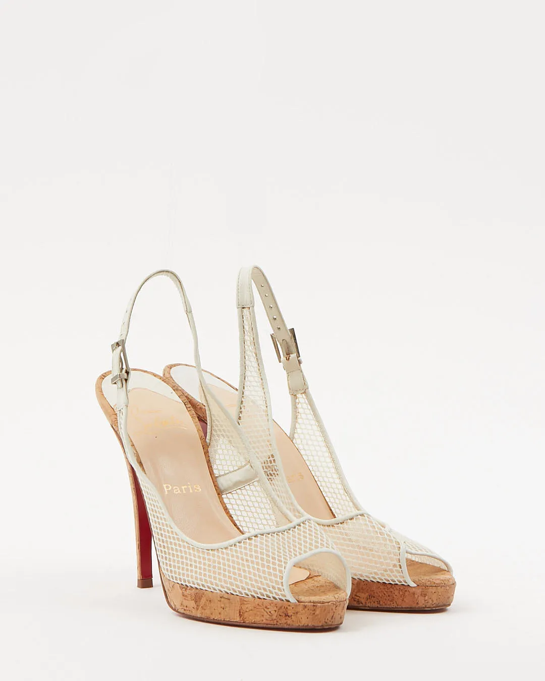 Louboutin White Mesh & Cork Peep Toe Heels - 40.5