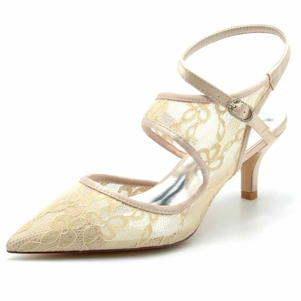 Low Heeled Lace Bridal Pumps Pointed Toe Party Heels