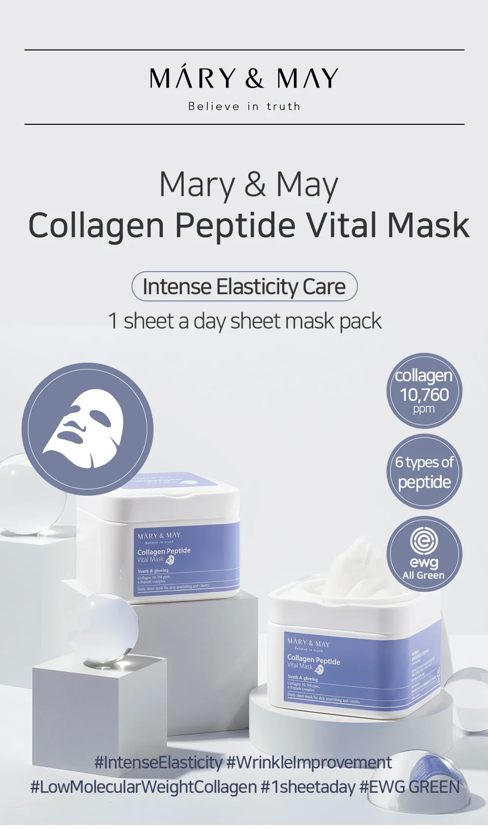 < New arrival > MARY & MAY Collagen Peptide Vital Mask Pack - Box of 30 sheet masks