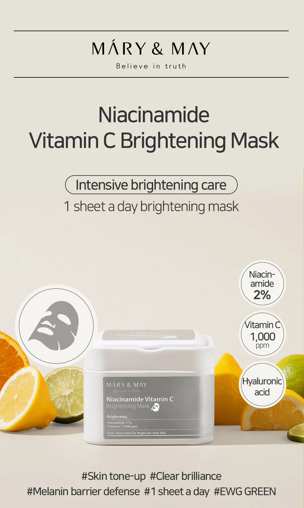 < New arrival > MARY & MAY Niacinamide Vitamin C Brightening Mask Pack - Box of 30 sheet masks