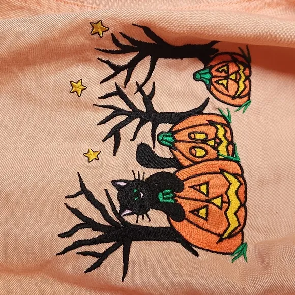 Mandal Bay, Orange Halloween  Longsleeve Button Down, Cat and Pumpkins Shirt