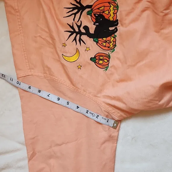 Mandal Bay, Orange Halloween  Longsleeve Button Down, Cat and Pumpkins Shirt