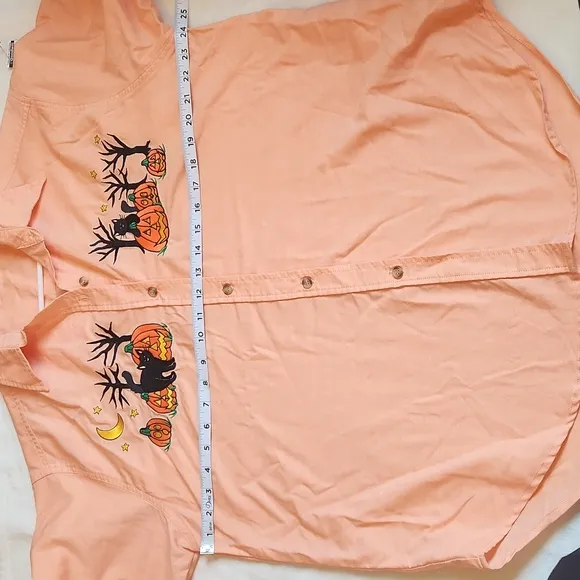 Mandal Bay, Orange Halloween  Longsleeve Button Down, Cat and Pumpkins Shirt