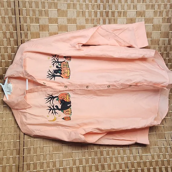 Mandal Bay, Orange Halloween  Longsleeve Button Down, Cat and Pumpkins Shirt