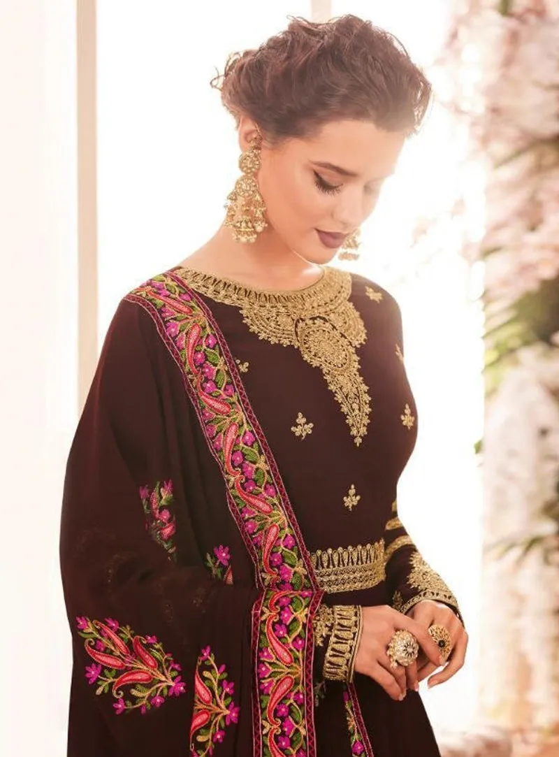 Maroon Golden Multi Embroidered Flared Anarkali Suit