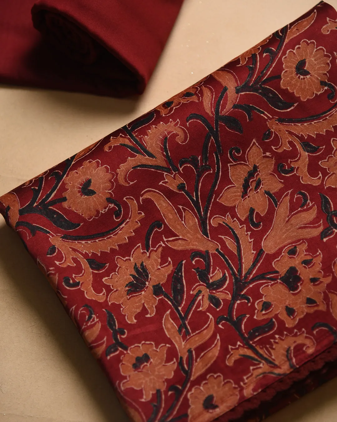 Maroon Modal Satin Blend Block Printed Unstitched Suit Fabric Set With Modal Satin Block Printed Dupatta