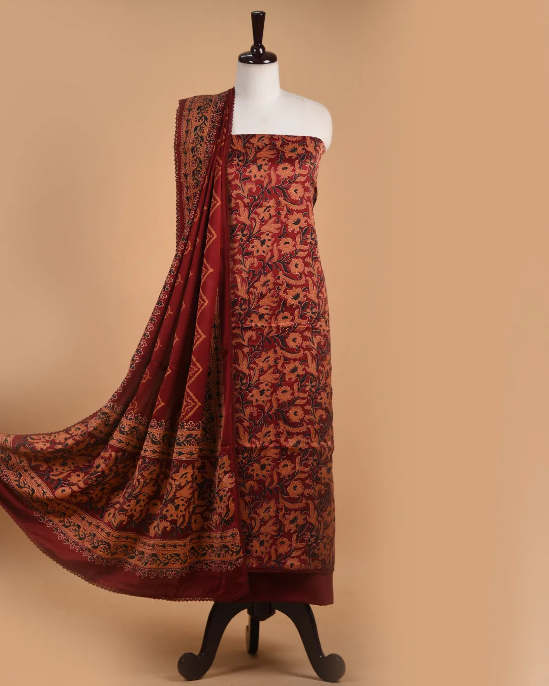 Maroon Modal Satin Blend Block Printed Unstitched Suit Fabric Set With Modal Satin Block Printed Dupatta