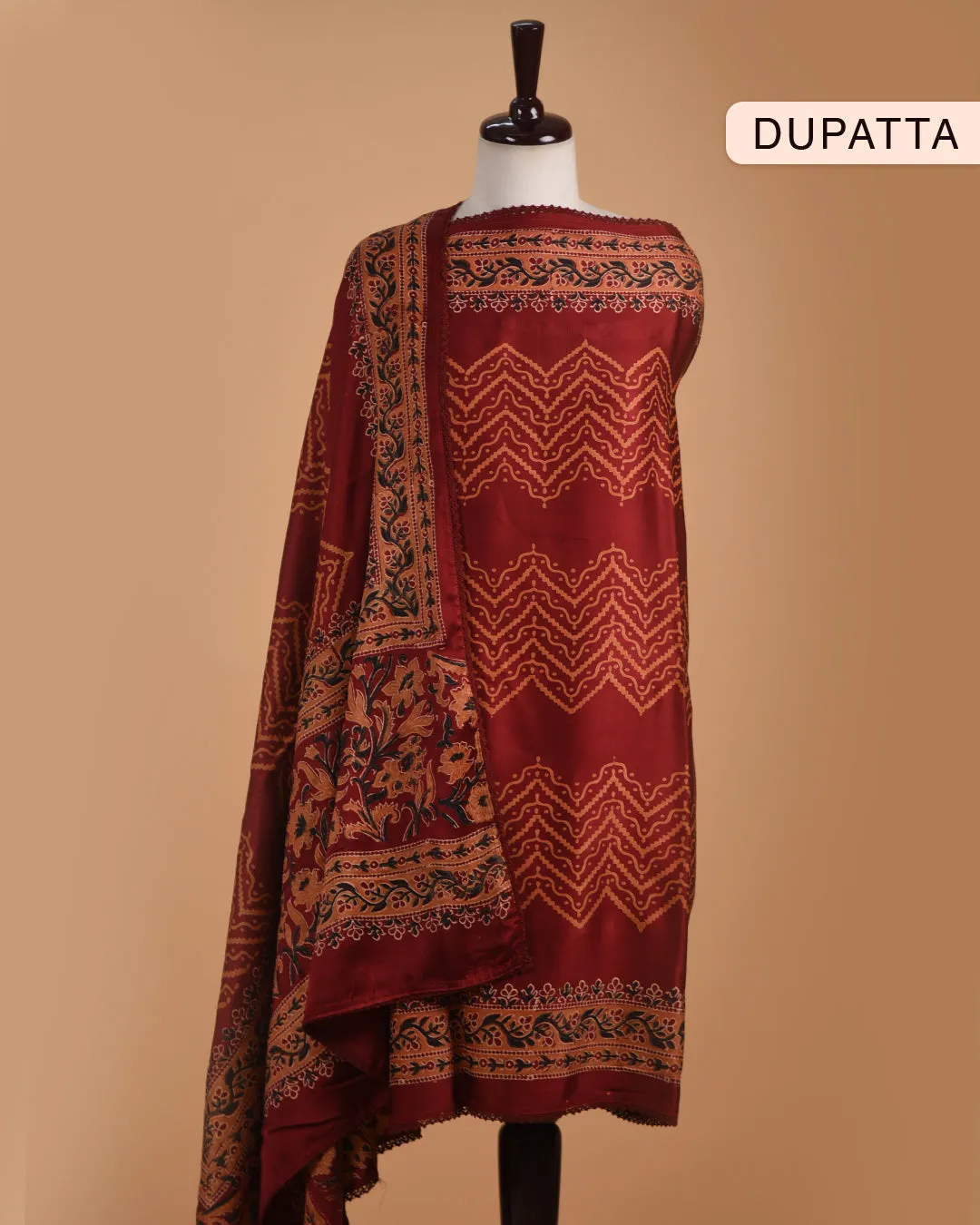 Maroon Modal Satin Blend Block Printed Unstitched Suit Fabric Set With Modal Satin Block Printed Dupatta