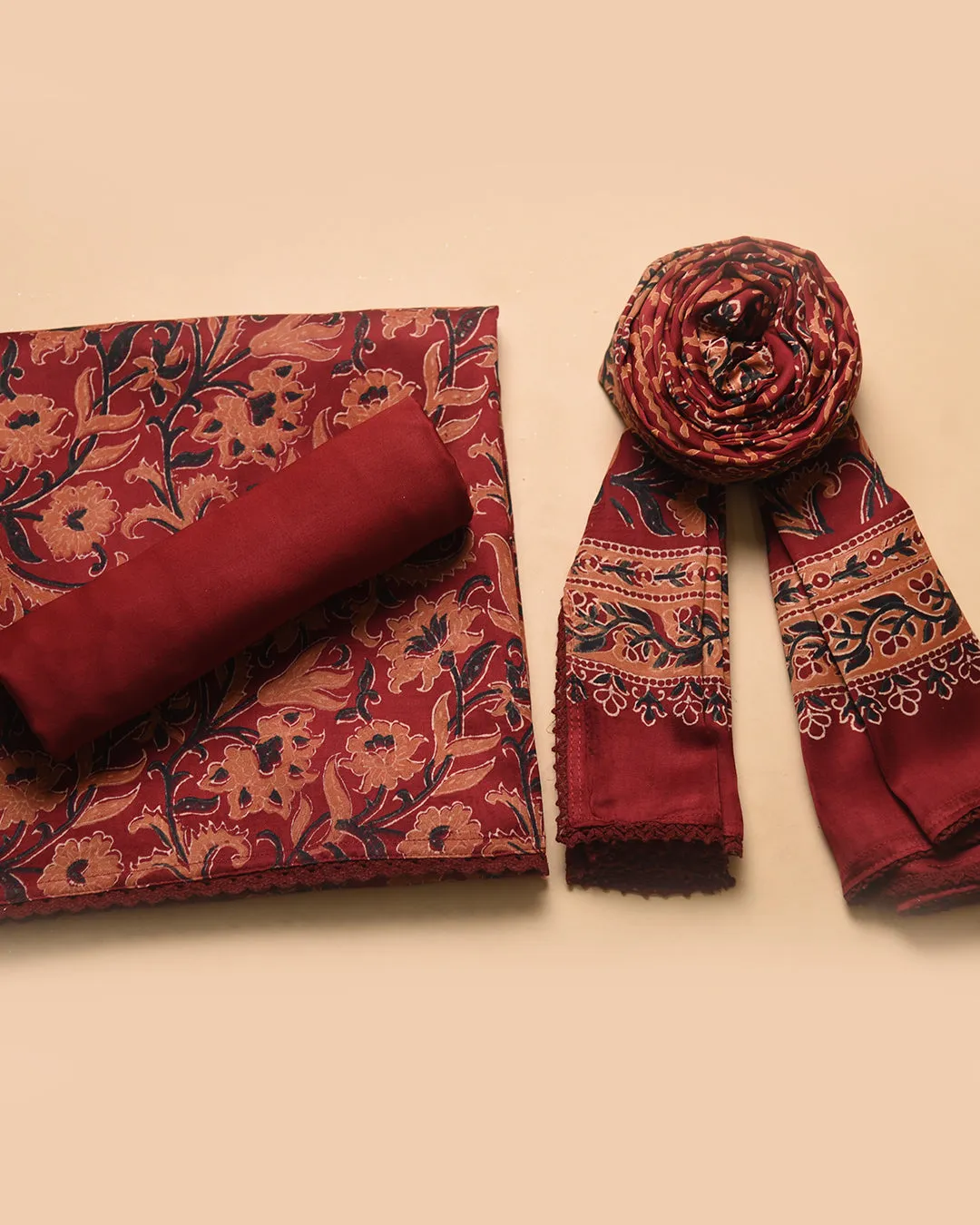 Maroon Modal Satin Blend Block Printed Unstitched Suit Fabric Set With Modal Satin Block Printed Dupatta