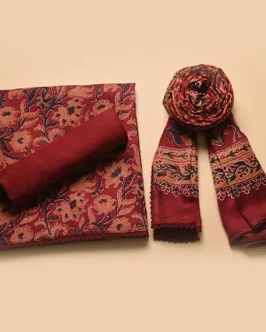 Maroon Modal Satin Blend Block Printed Unstitched Suit Fabric Set With Modal Satin Block Printed Dupatta