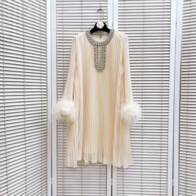 Mary Ruched Pleat Feather Diamond Spliced Dress