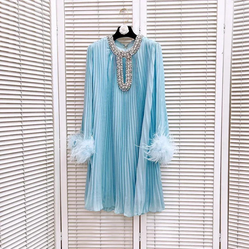 Mary Ruched Pleat Feather Diamond Spliced Dress