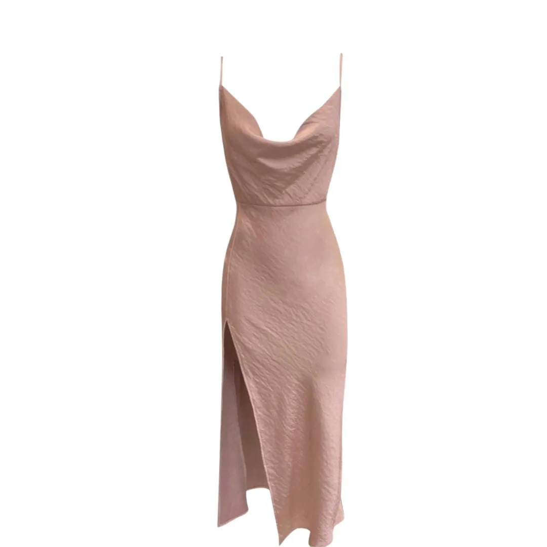 MAUVE WOVEN SATIN SIDE SLIT COWL NECK MIDI DRESS