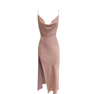 MAUVE WOVEN SATIN SIDE SLIT COWL NECK MIDI DRESS