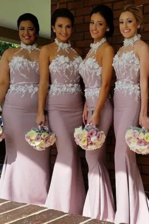 Mermaid Halter Backless Sweep Train Blush Bridesmaid Dress with Appliques OHS028